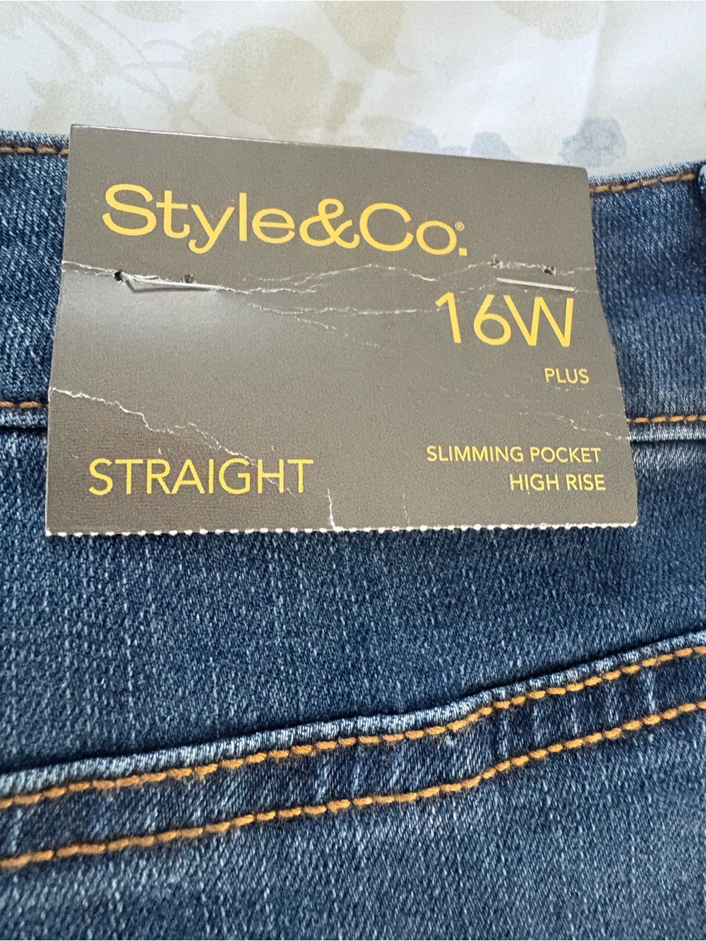 Style & Co. Straight Leg Jeans in Dark Blue with Gold Stitching